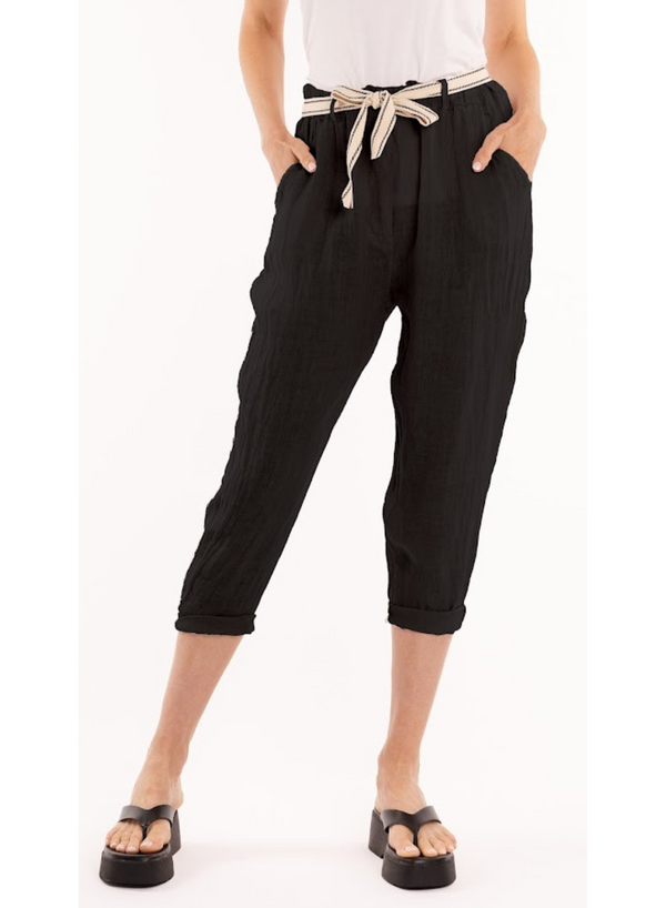Cropped Linen Pant with Striped Belt
