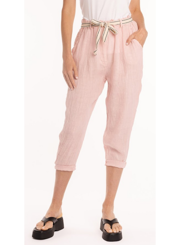 Cropped Linen Pant with Striped Belt