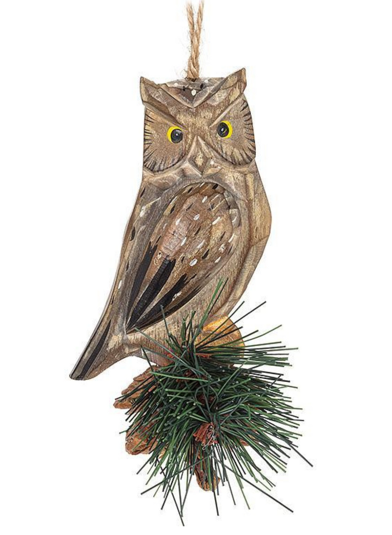 Owl on Pine Carved Ornament