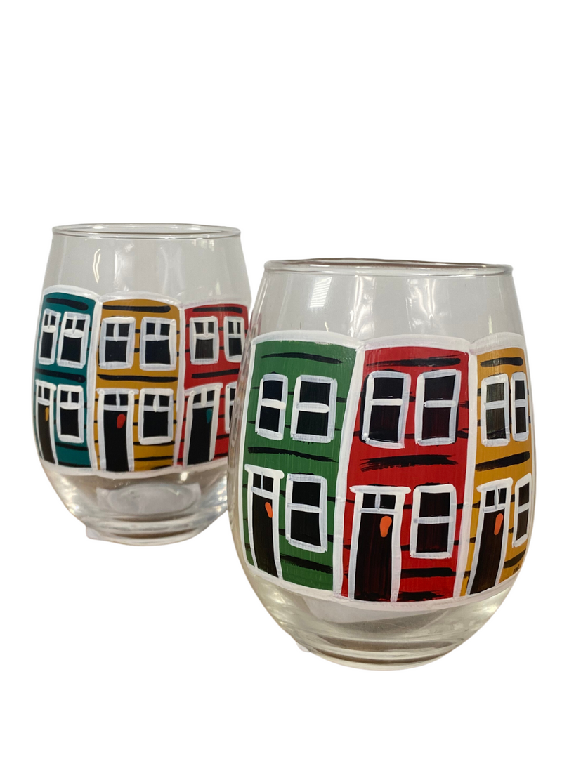 Hand Painted Row Houses Wine Glass