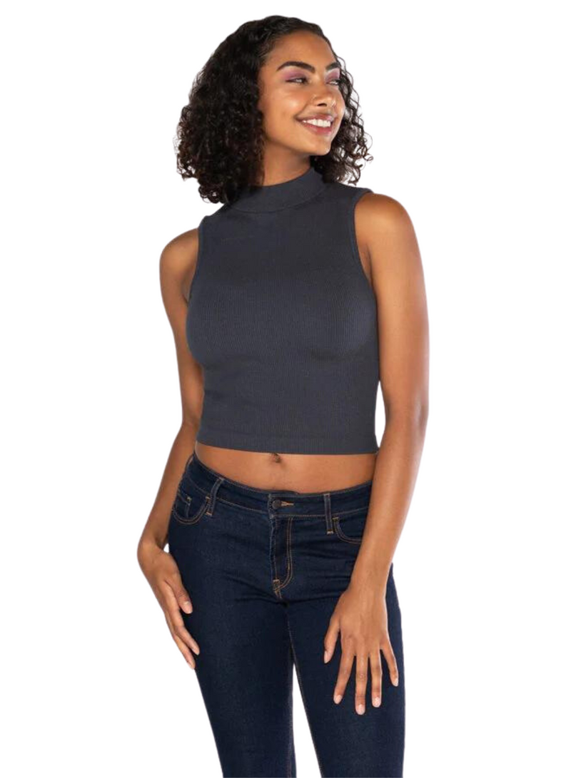 Bamboo Ribbed Sleeveless Mock Neck Top