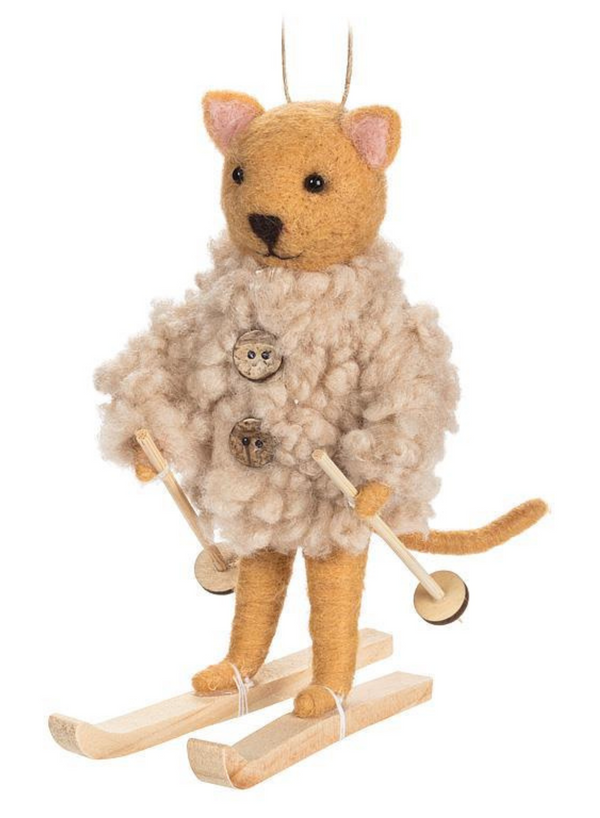 Skiing Cat with Fur Coat Ornament