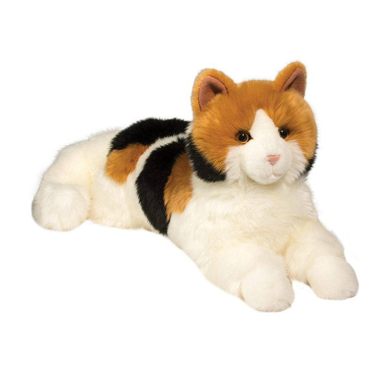 'Puzzle' Calico Cat plush toy lying down with white background