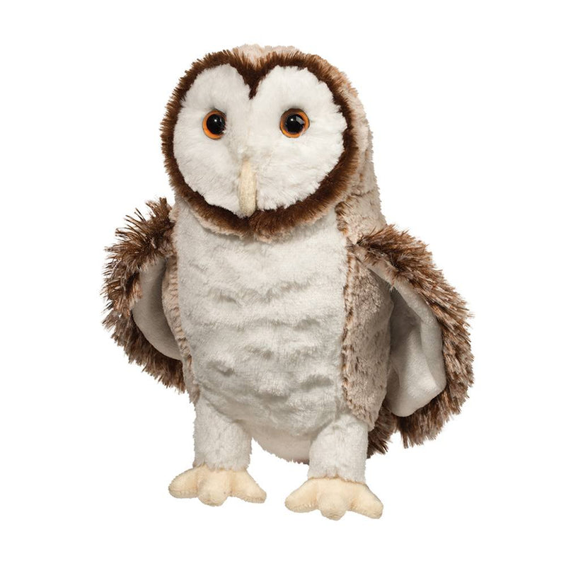 'Swoop' Barn Owl plush toy standing with dark brown accents against a cream coloured body, black/brown eyes and a white background