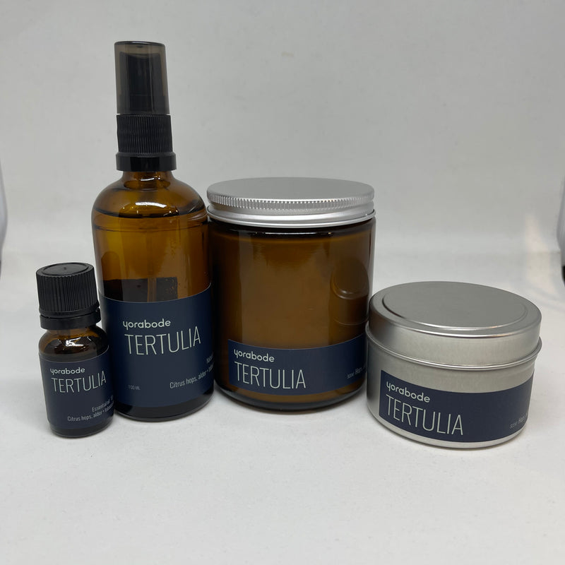 Tertulia Scent Spray 100ml, Tertulia Essential Oil, Tertulia travel candle and jar candle Handmade in St. John’s, Newfoundland using natural ingredients by Yorabode
