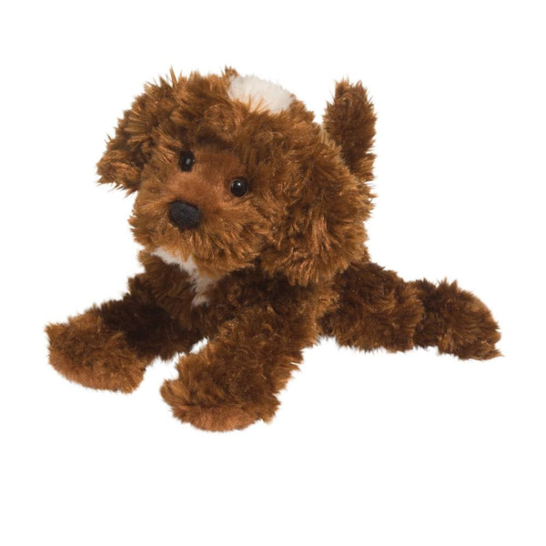 'Bosco' Chocolate Labradoodle (Small) plush toy is mostly brown with a small white patch on his head and neck, black eyes and now, against a white background