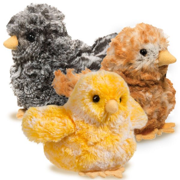 3 palm sized Chicks, one yellow, one grey and one brown all with beige beaks and feet and black eyes against a white background