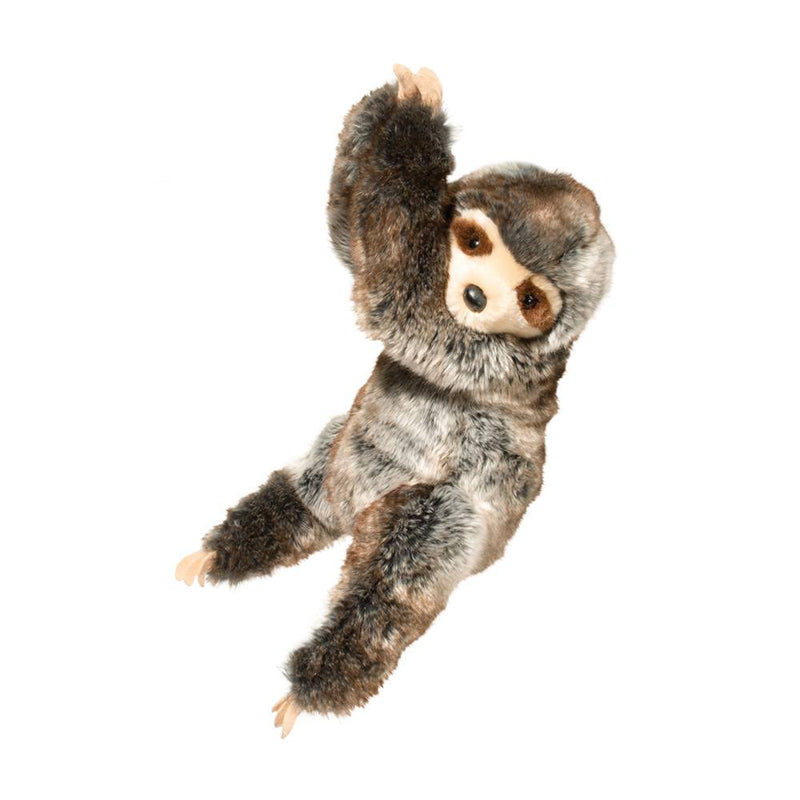 Hanging 'Ivy" Sloth plush toy has a combination of black, white, grey, brown and beige fur and a beige face with brown stripes at the eyes and a black nose, long off white fingernails against a white background