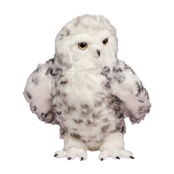 'Shimmer' white with black specks White Owl standing with head looking left and a white background