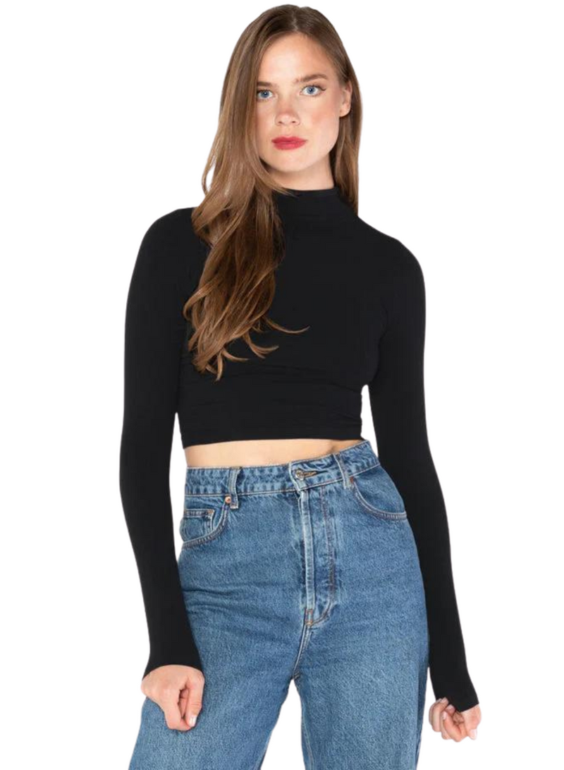 Bamboo Long Sleeve Crop Mock Neck Top