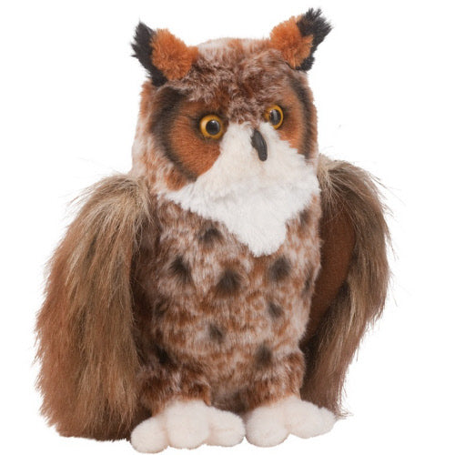 'Einstein' is a brown, red, black and white Great Horned Owl plush toy standing with a spotted breast and a white background