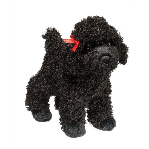 'Gigi' Poodle plush toy is all black with a red ribbon on the left side of her head, against a white background