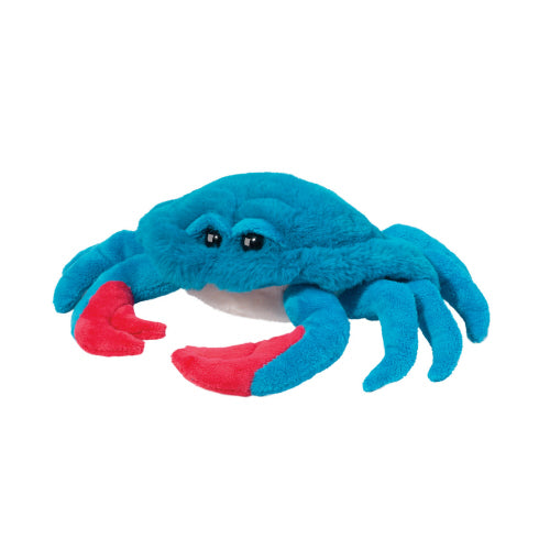 'Chesa' Blue Crab stuffed toy with a blue body, white belly and red claws against a white background