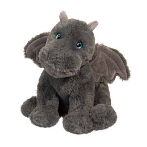 Grey 'Sootie' Dragon plush toy with blue eyes and light grey ears, sitting against a white background