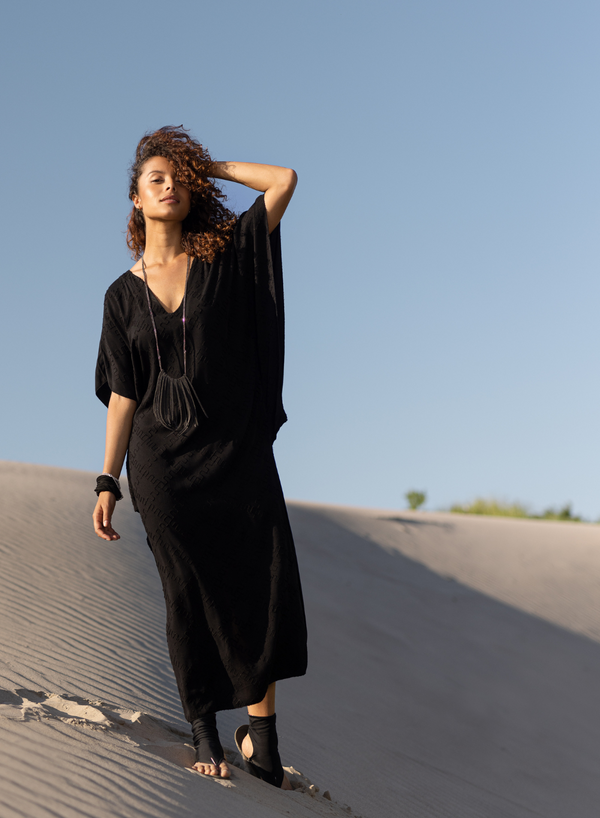 Long V-Neck Dress with Stitch Pattern